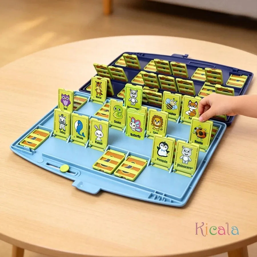 A blue board game tray filled with yellow animal cards for a guessing game on a wooden table.