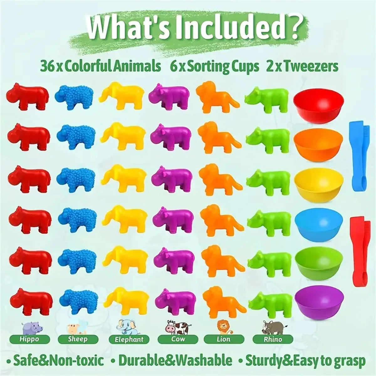 A set of 36 colorful animals in various colors including red, blue, yellow, purple, and green for toddlers