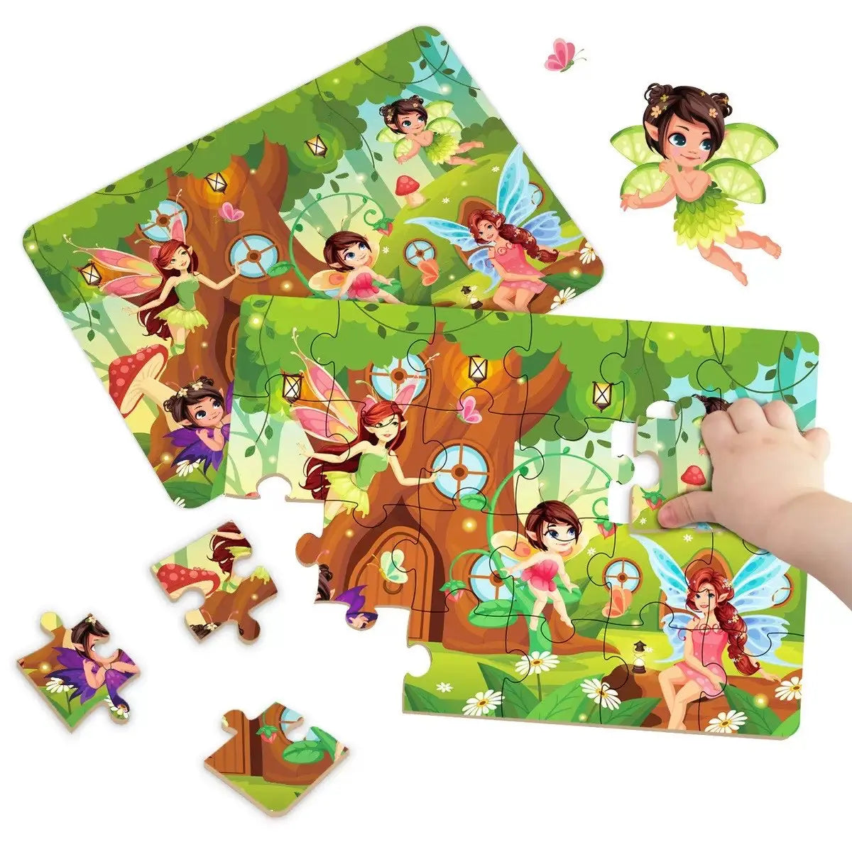 A set of green animal cartoon jigsaw puzzles featuring fairies and woodland creatures for children.