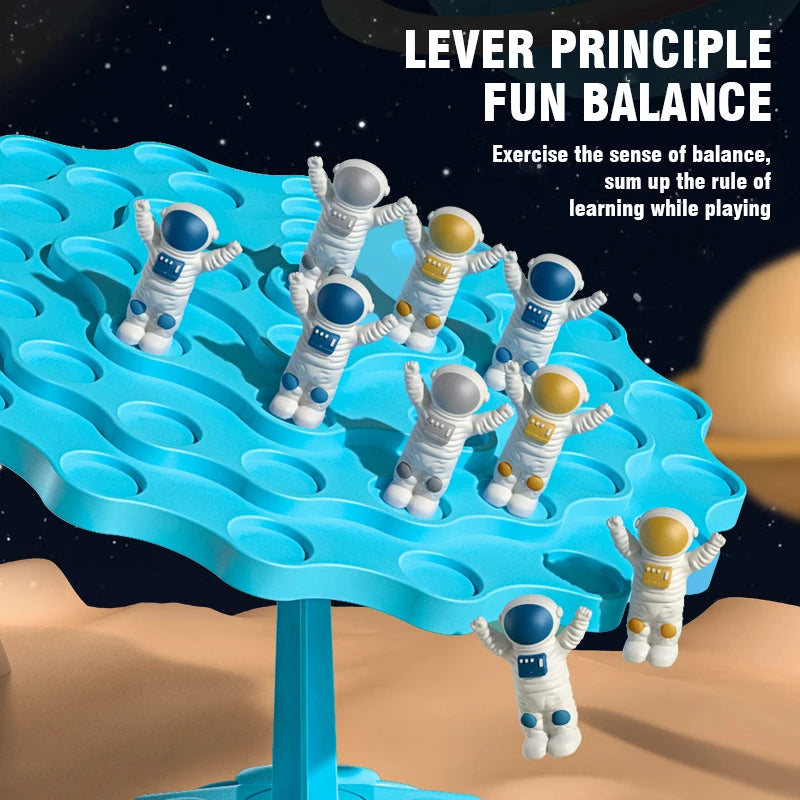 White astronaut figures balance on a blue tree structure during a fun balance game.