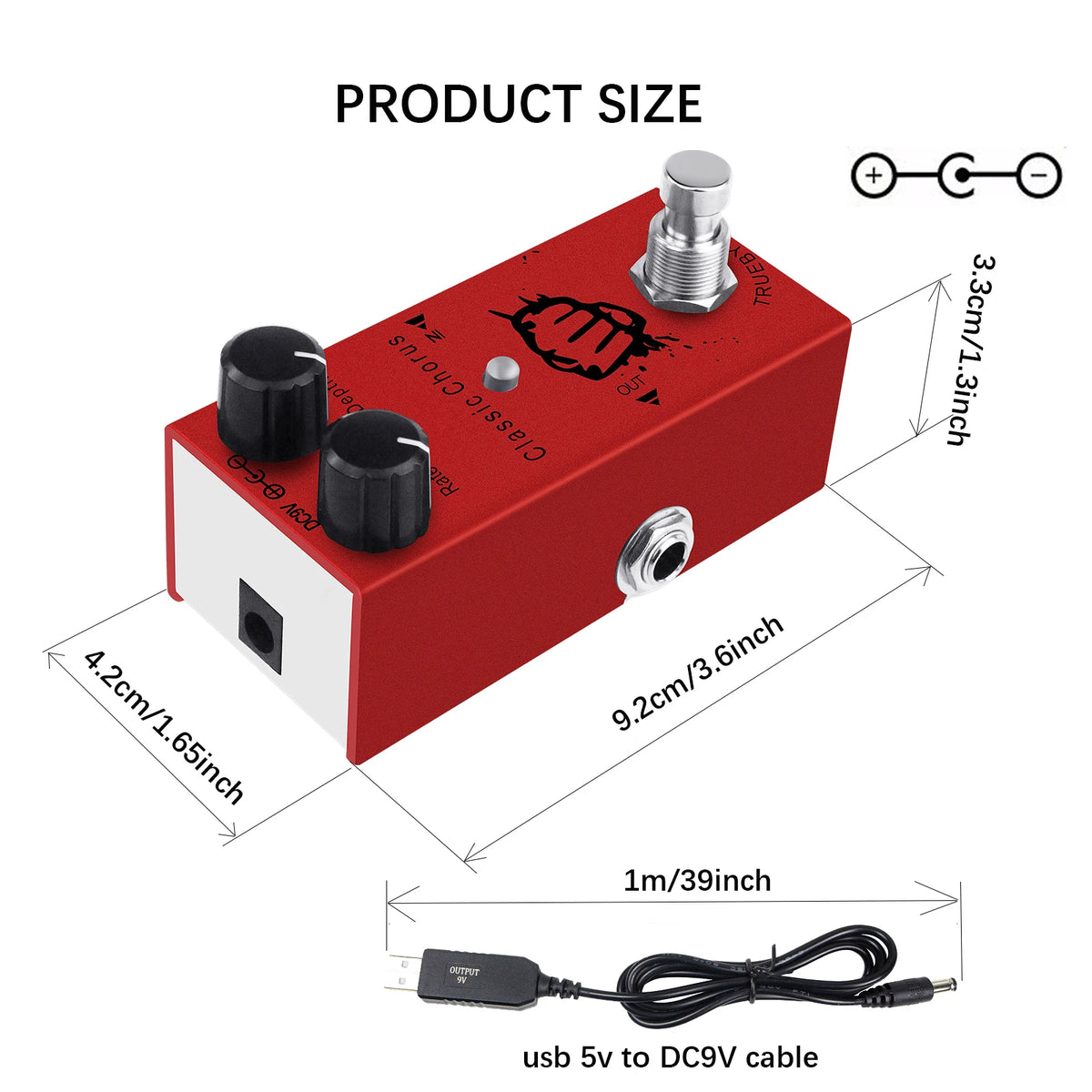 A red compact multi-effects guitar pedal with knobs and an output jack, shown next to a USB to DC cable.
