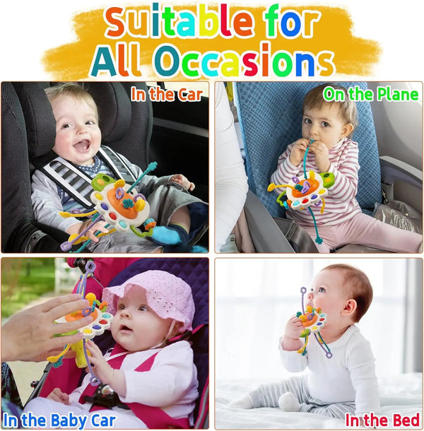 Silicone pull string teething rattle shown in various contexts: in the car, on a plane, in the baby car, and in the bed.