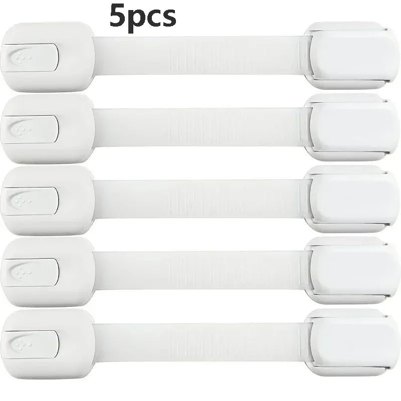Five white adhesive baby safety locks for cabinets and drawers