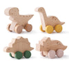 Wooden dinosaur teether toy car in natural wood tones and yellow accents