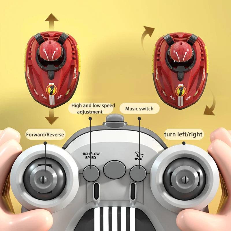 A remote control battle car toy is shown with various features like speed adjustment and music switch.