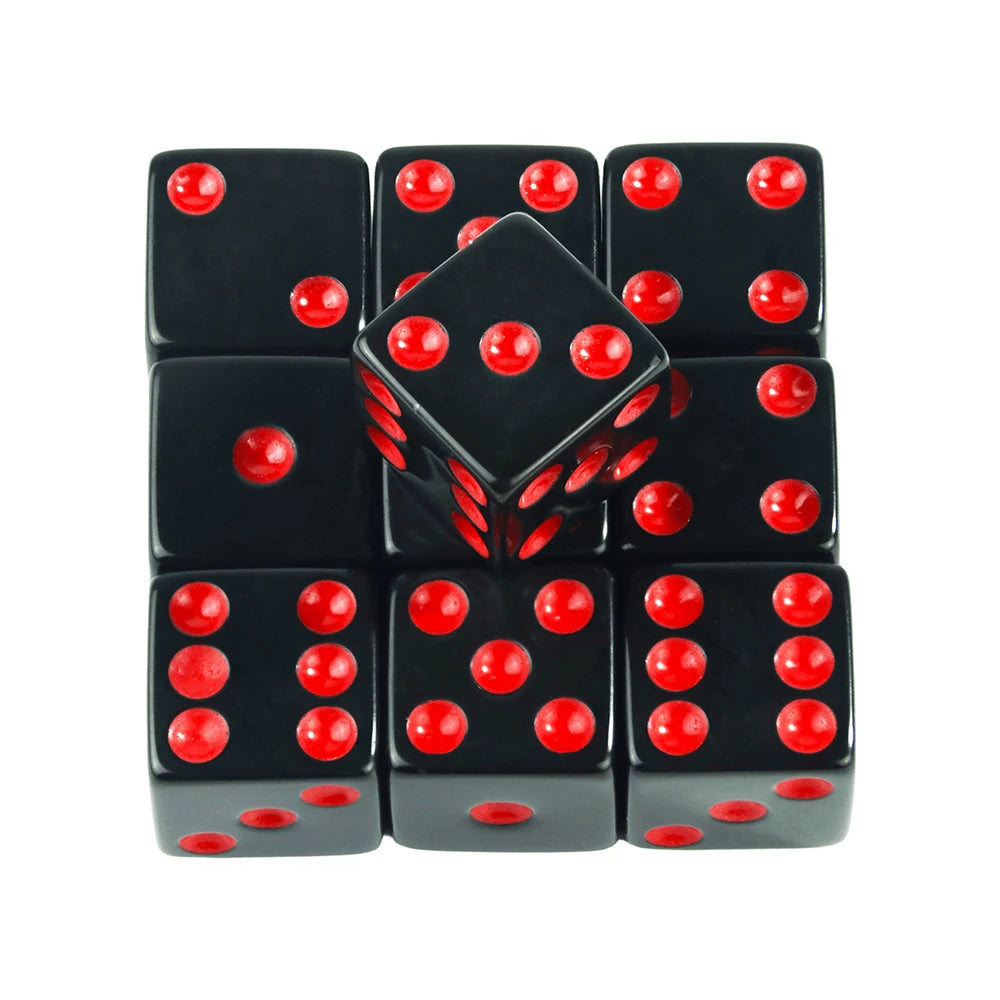 A set of ten black acrylic dice with red dots, arranged in a grid.