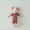 A handmade mouse plush doll with pink ears and a brown striped outfit.