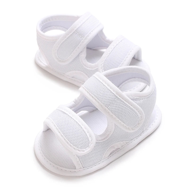 White breathable first walker sandals for baby with hook-and-loop closure