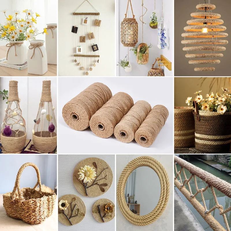 Various natural jute twine and rope products including gift wrapping, decorative hangers, and craft materials.