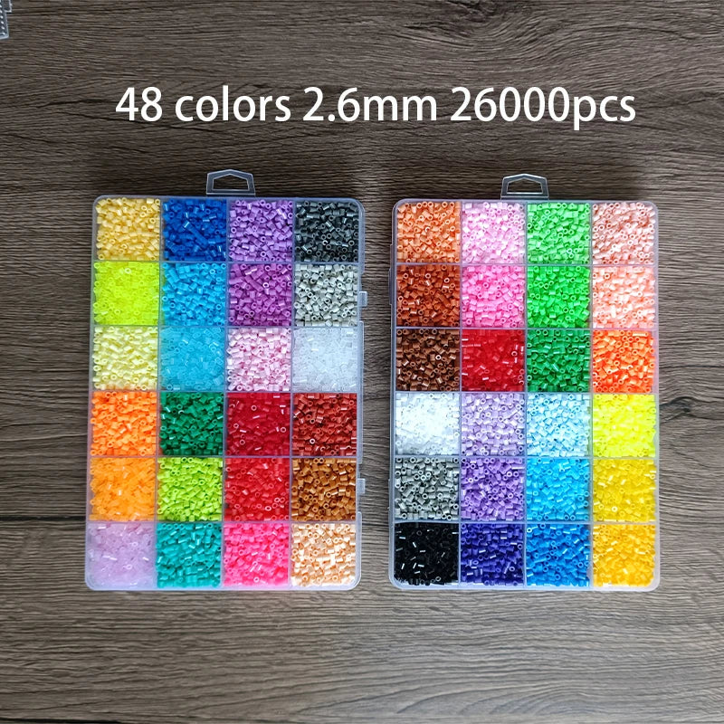 A set of 48 colors of 2.6mm fuse beads packaged in two trays for crafting and pixel art projects