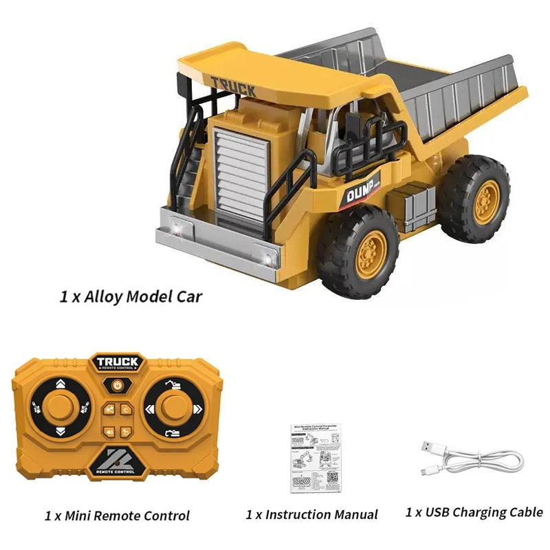A yellow 1:64 scale alloy model excavator with a dump bed and various accessories, along with a remote control and manual.