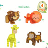 Set of four magnetic building blocks featuring dinosaur, cat, giraffe, and monkey animal figures.