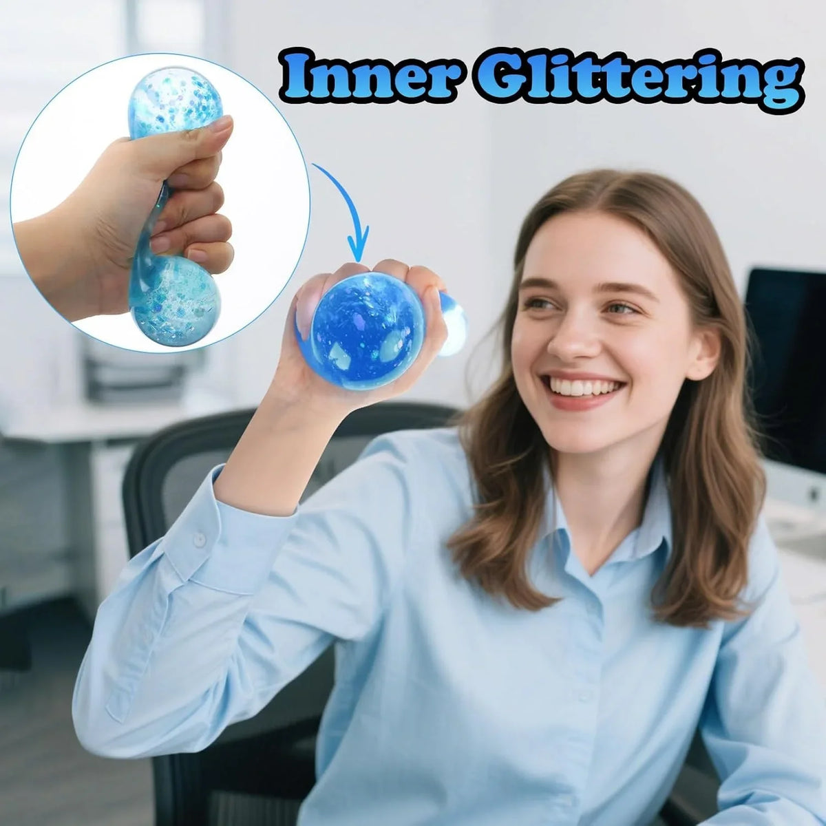 A woman is squeezing a blue silicone stress ball, demonstrating inner glittering for sensory relief.
