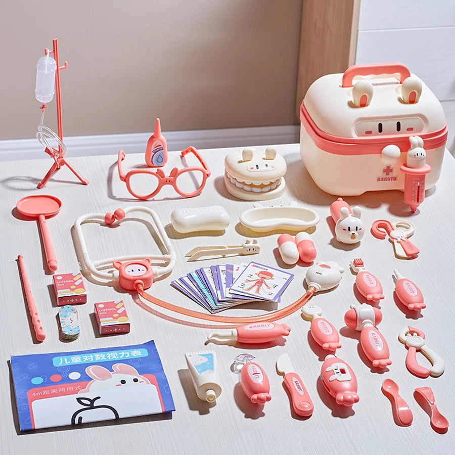 A pink kids doctor play set featuring various medical tools, including a stethoscope and various plastic instruments.