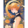 A cartoon girl with blonde hair and a butterfly is depicted in an ornate, dark blue and gold floral design.