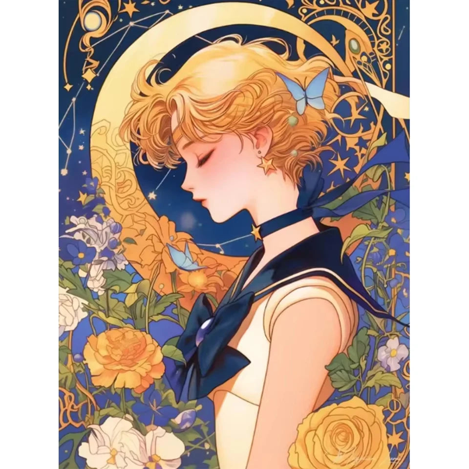 A cartoon girl with blonde hair and a butterfly is depicted in an ornate, dark blue and gold floral design.