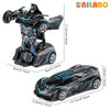 A black and blue transformable robot sports car toy with wheels shown in various configurations.