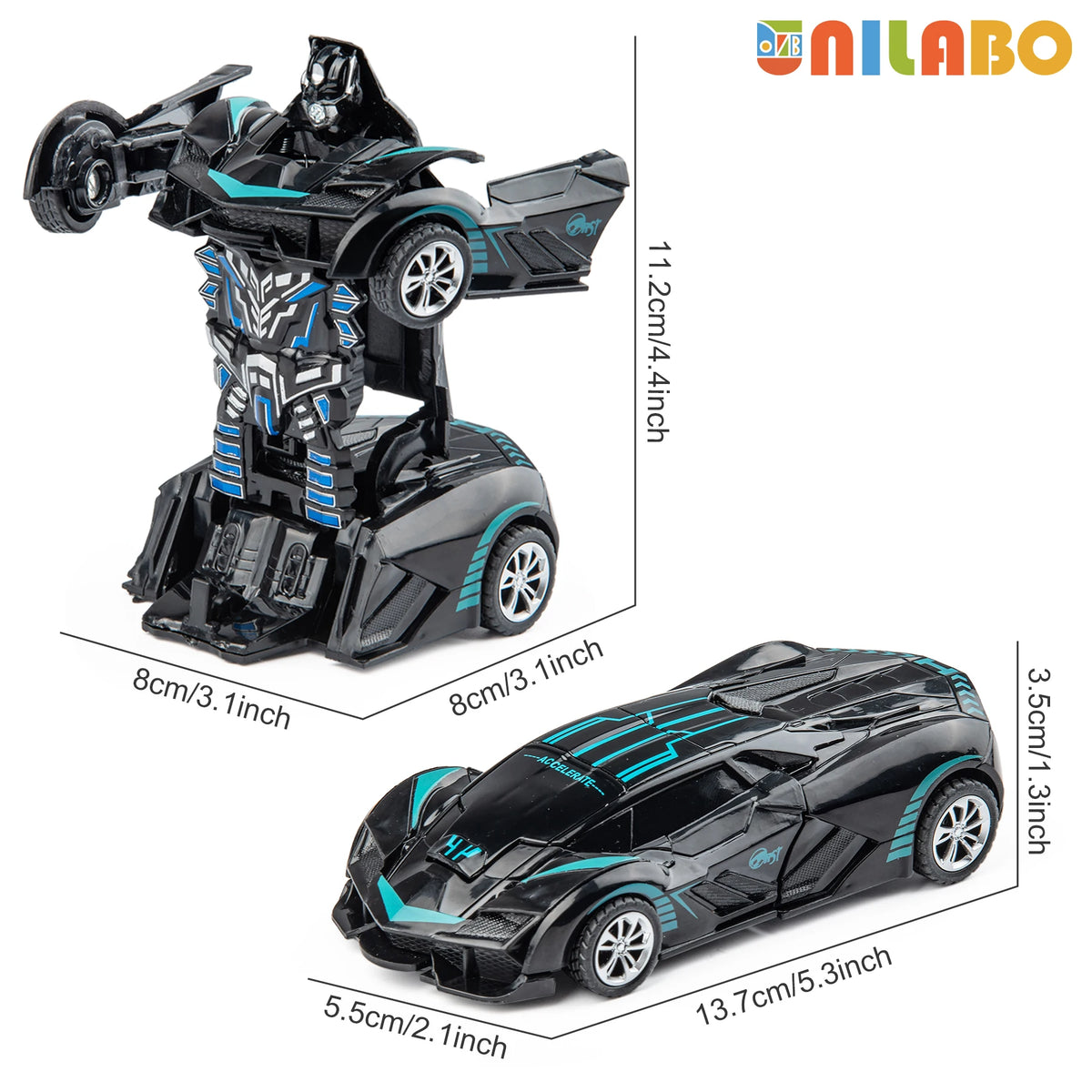 A black and blue transformable robot sports car toy with wheels shown in various configurations.