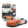 A detailed image of a 1:60 alloy model car in orange and white, showing its color change feature.