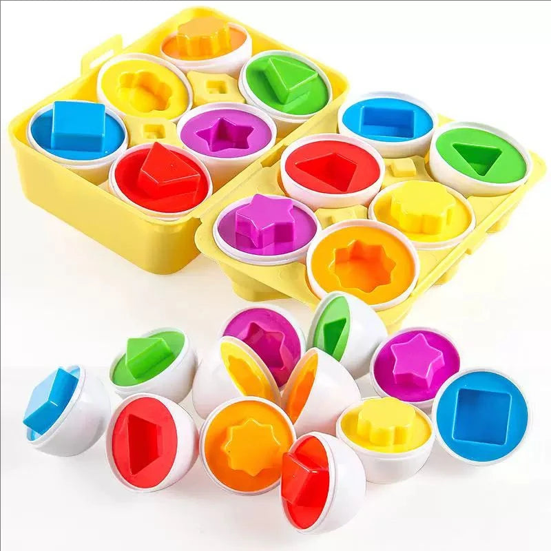 A yellow plastic container holds various colored eggs with different shapes for a Montessori matching and sorting toy.