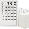 A sheet of bingo cards showing a 5x6 grid with numbers and a free space, next to a stack of similar cards.