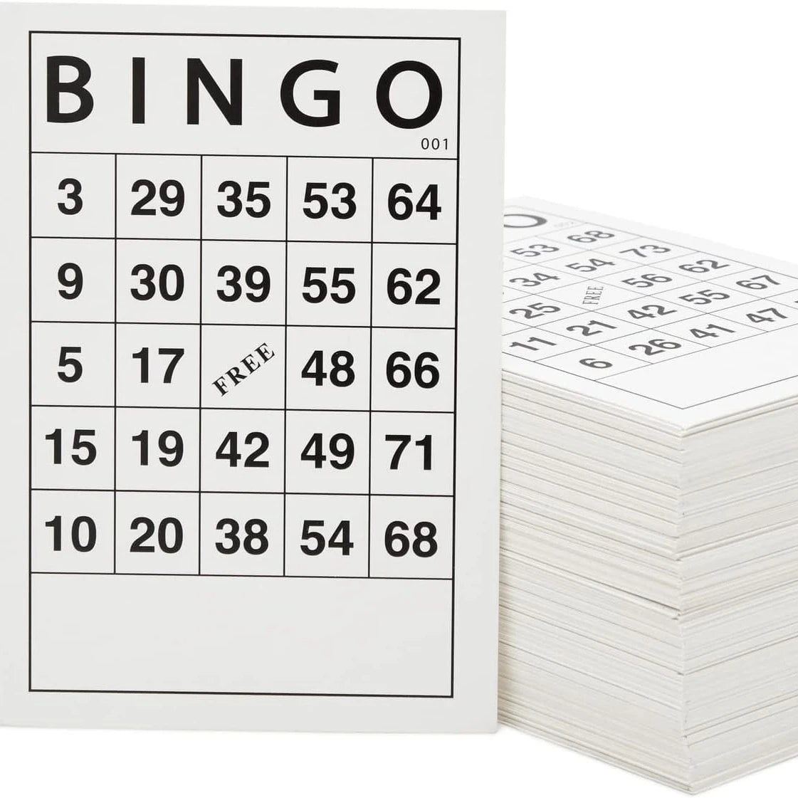 A sheet of bingo cards showing a 5x6 grid with numbers and a free space, next to a stack of similar cards.