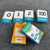 A set of number flashcards showing zero, one, two, and one hundred.