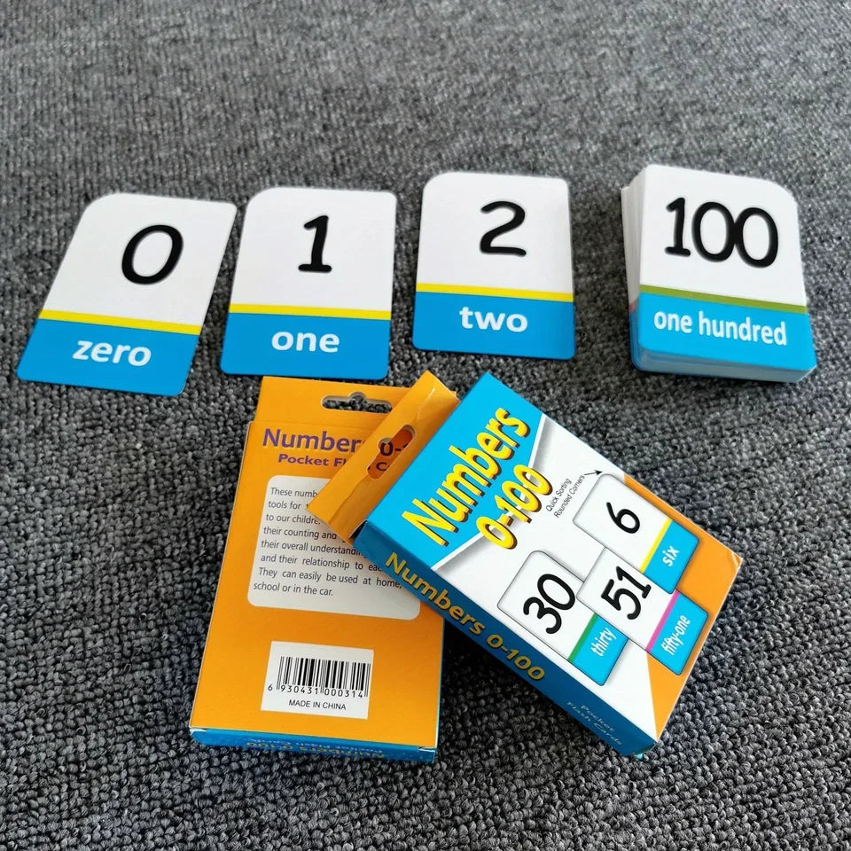 A set of number flashcards showing zero, one, two, and one hundred.