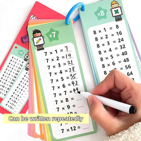 A hand writes multiplication problems on green flash cards showing various multiplication facts.