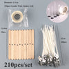 A set of 210 pre-waxed cotton candle wicks with metal sustainers, including a roll of 100 pieces and 10 pieces.