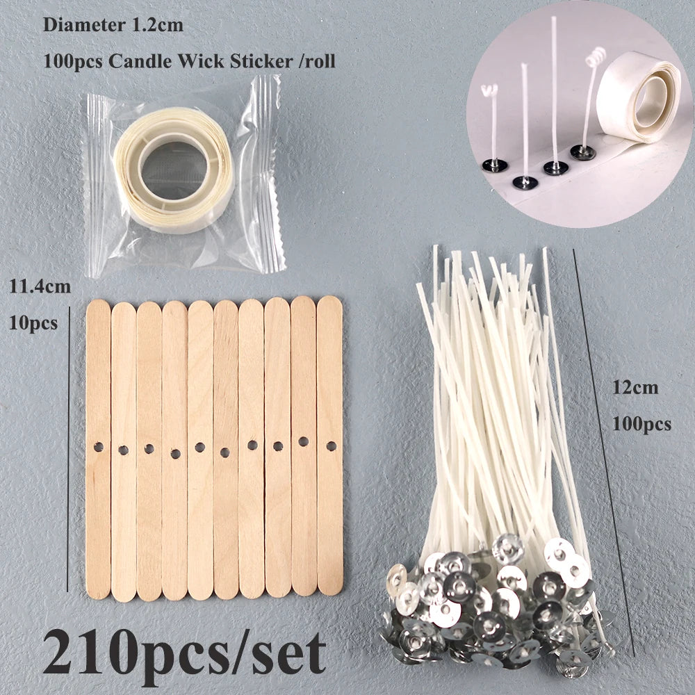 A set of 210 pre-waxed cotton candle wicks with metal sustainers, including a roll of 100 pieces and 10 pieces.