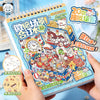 A hand holds an open sticker book titled Miniature Scene 3D Sticker Book with various scenes and elements for scrapbooking.