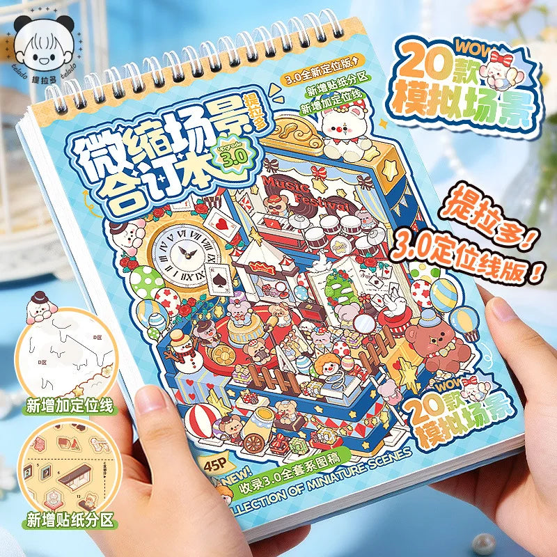 A hand holds an open sticker book titled Miniature Scene 3D Sticker Book with various scenes and elements for scrapbooking.