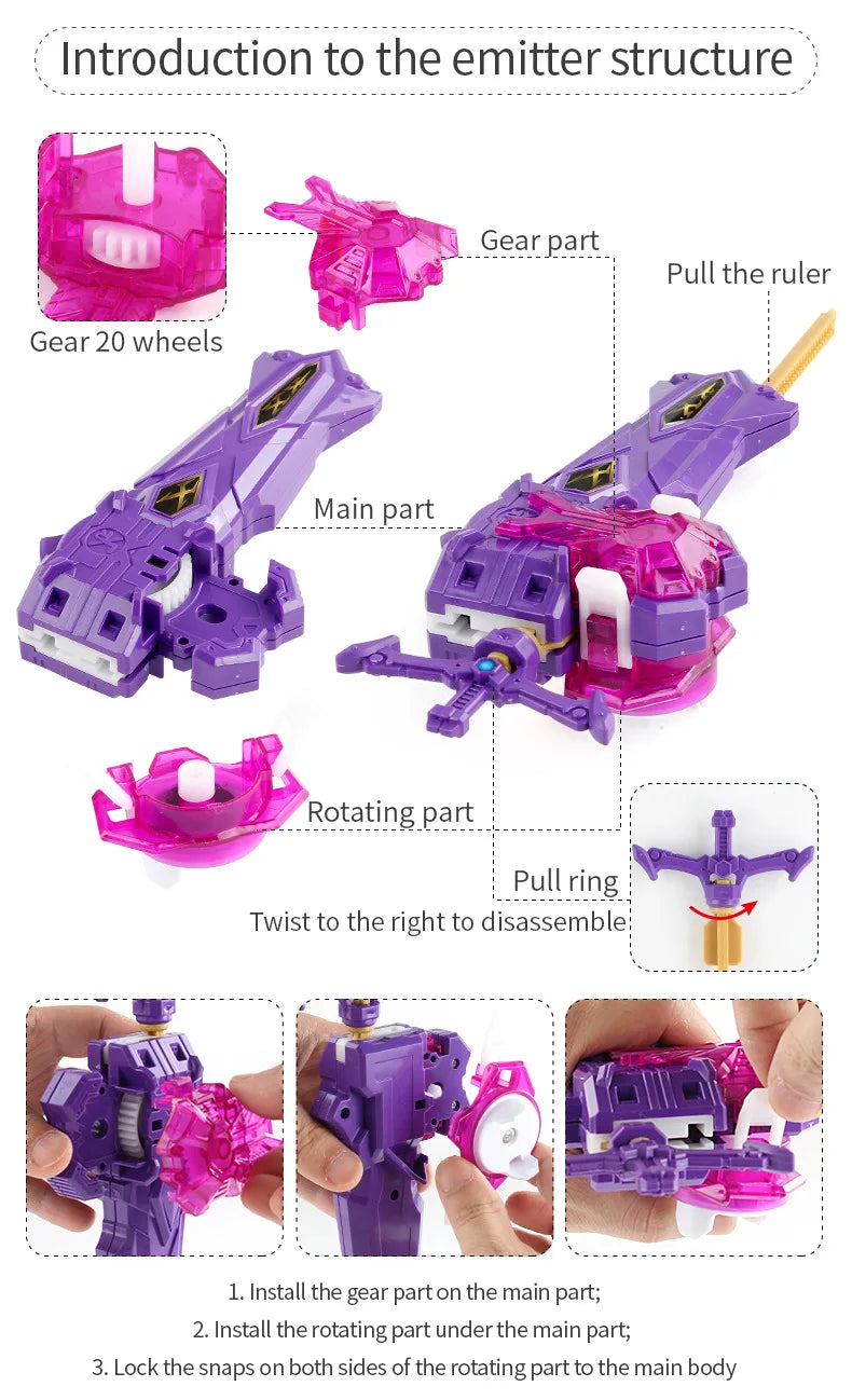 Diagram showing the assembly of a Burst-Style Spinning Top Launcher for Kids, detailing the gear part, main part, and rotatin