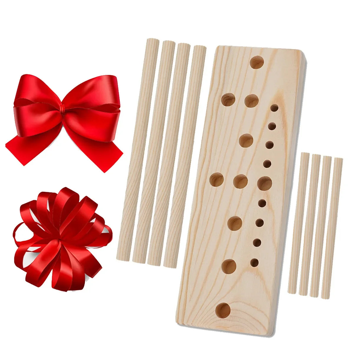 Wooden ribbon bow maker with multiple wooden sticks for gift wrapping and holiday crafts