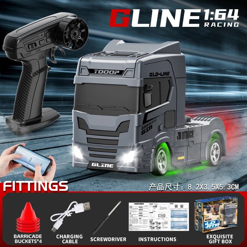A gray 1:64 scale racing drift truck model with lights and a Type-C charging port displayed on a dark background.