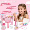 A young girl is shown using a pink makeup kit for a safe role-play cosmetic toy featuring various makeup items.