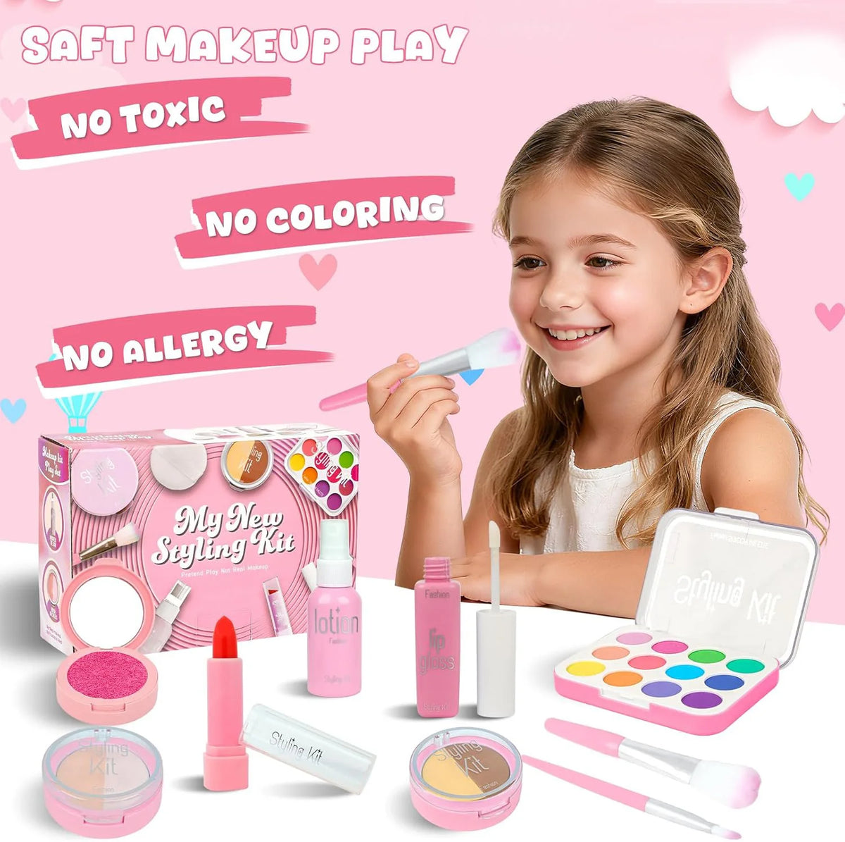 A young girl is shown using a pink makeup kit for a safe role-play cosmetic toy featuring various makeup items.
