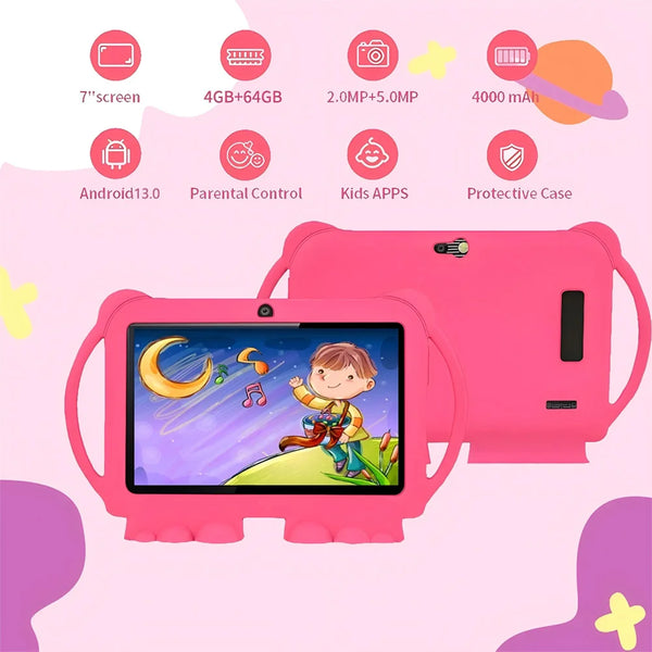 A pink kids tablet with a protective case and various learning features displayed on the screen.