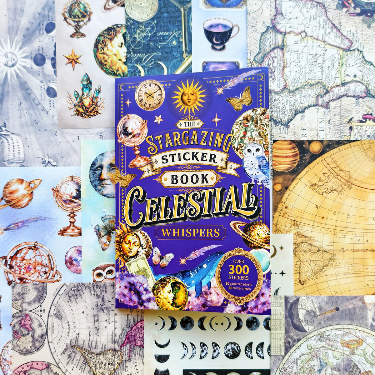 A box of The Stargazing Sticker Book Celestial Whispers featuring retro astronomy and aesthetic designs for planners.