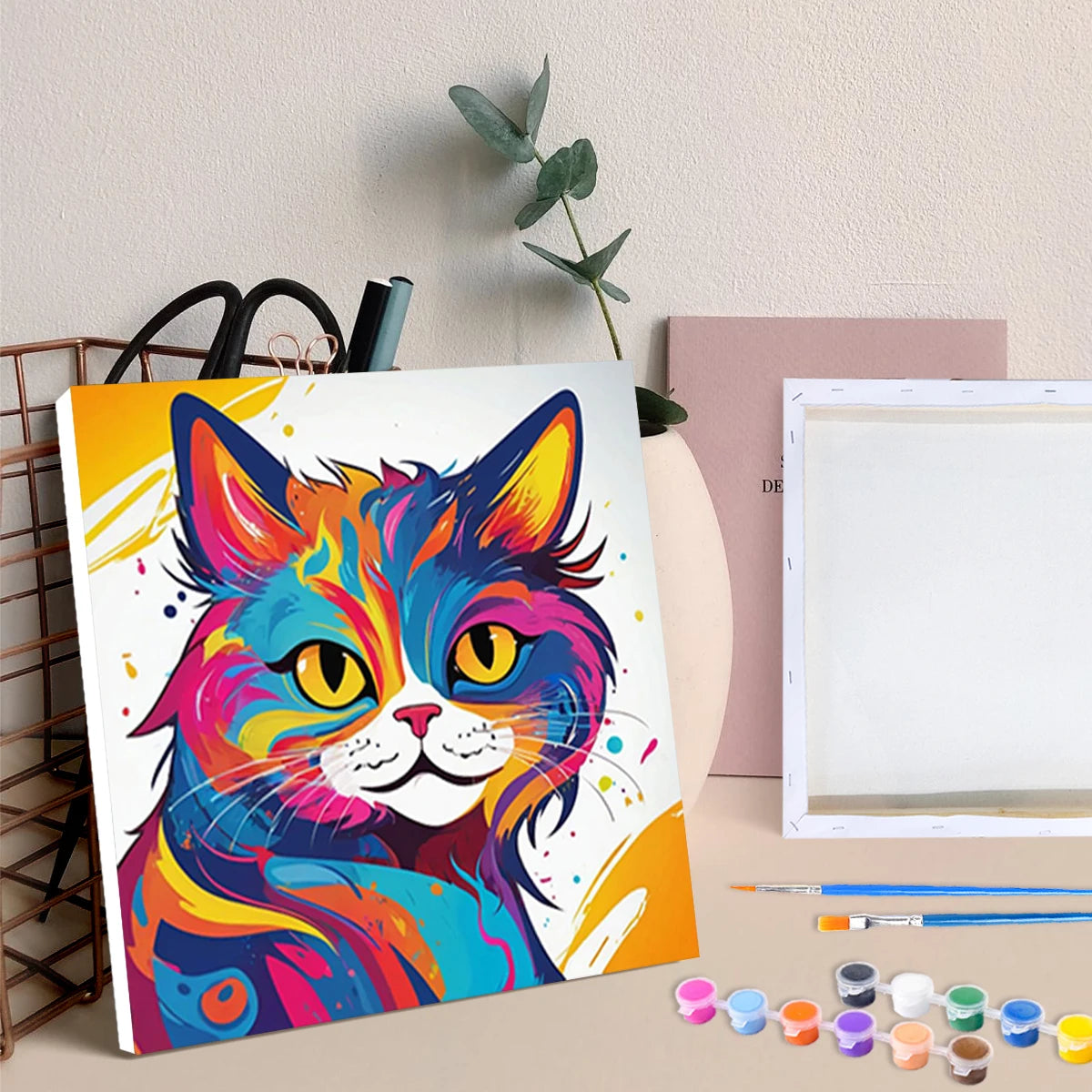 A vibrant painting of a tabby cat in various bright colors, displayed next to an artist's palette and paint supplies.