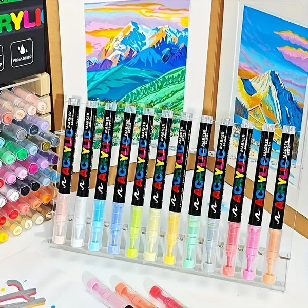 A set of 168 color acrylic paint pen markers displayed in a clear plastic case with colorful artwork in the background.