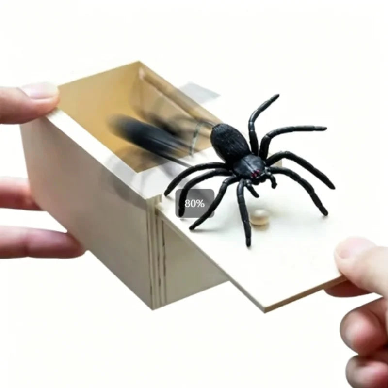 A black spider is shown inside an open cardboard box, suggesting a prank or trick gift.