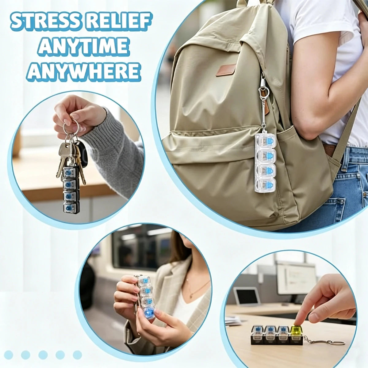 A person is shown using an LED fidget keychain with tactile buttons for stress relief.