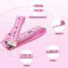 Pink dual-sided tape measure with metal end showing various measurements in cm and inches.