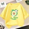 A yellow long-sleeve t-shirt featuring a cute green avocado graphic for girls