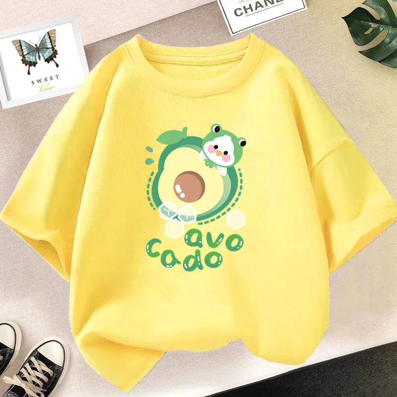 A yellow long-sleeve t-shirt featuring a cute green avocado graphic for girls