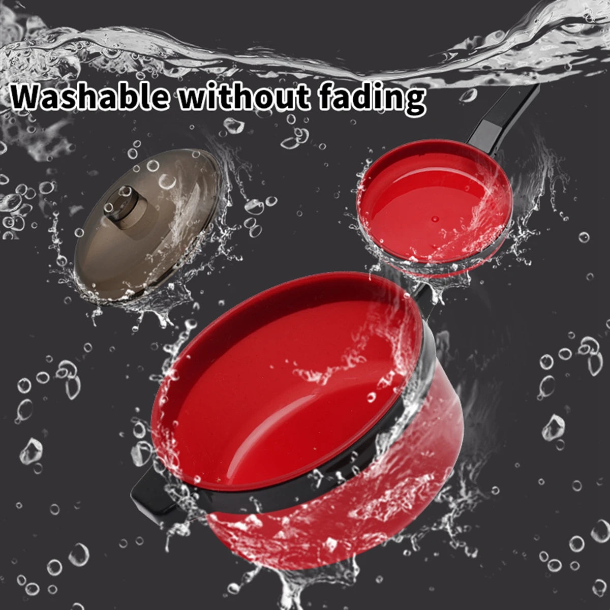 A red kids play kitchen cooking set with pots and pans is shown being washed in water.