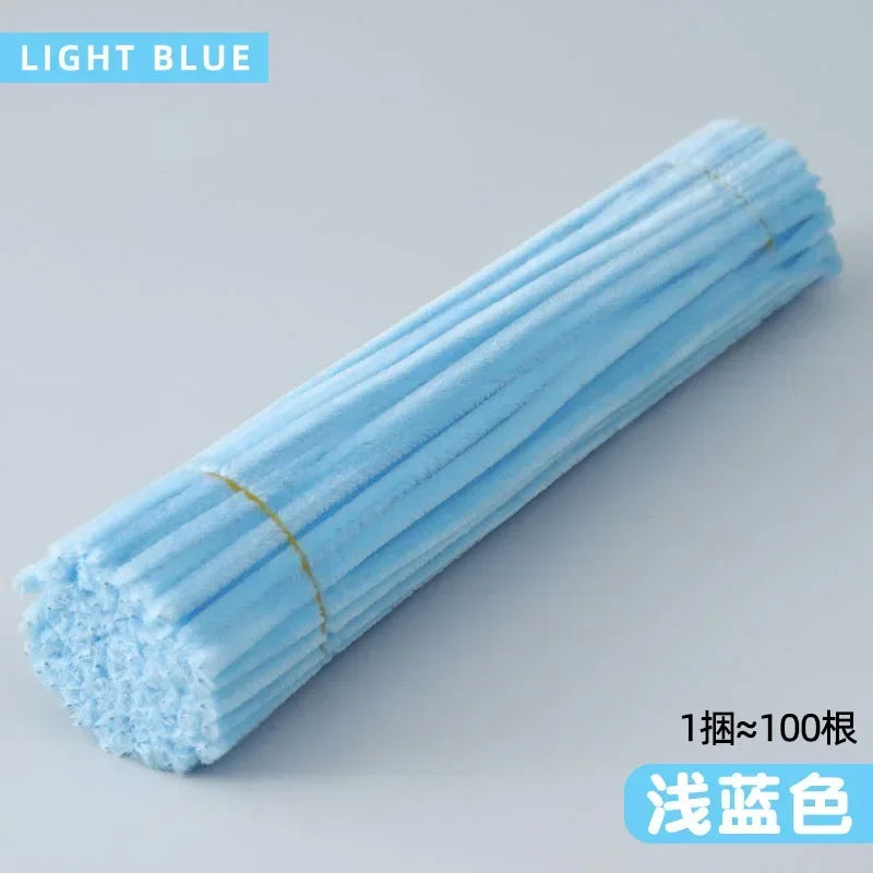 A bundle of light blue chenille craft stems for sale.
