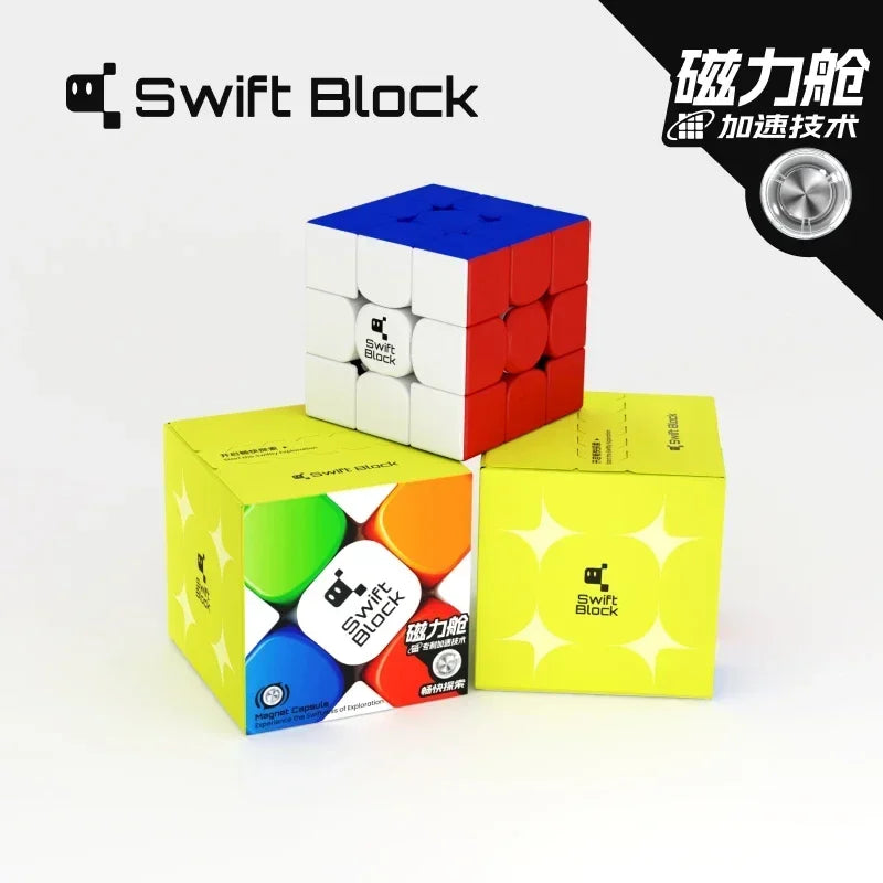 A set of Swift Block magnetic 3x3 speed cubes in white, red, and yellow packaging.